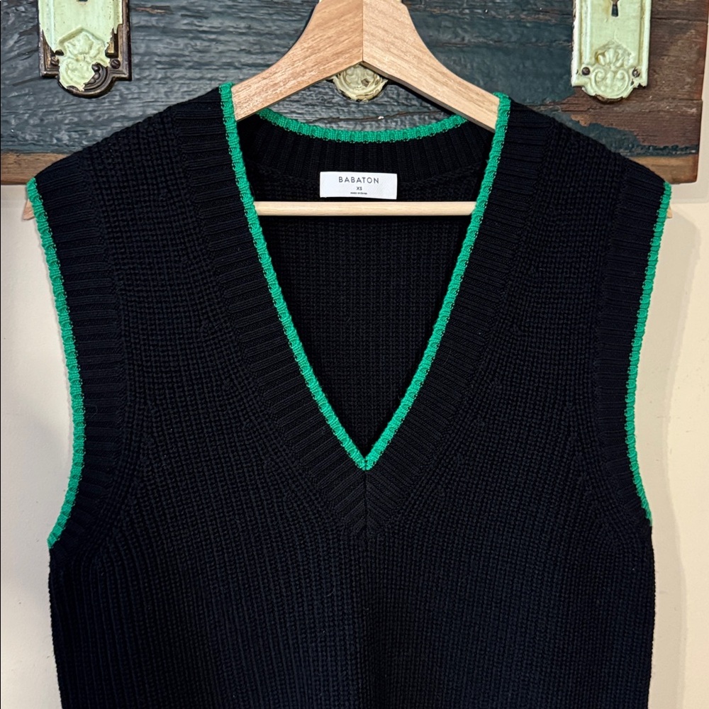 Babaton Sherman Black Knit V-Neck Sleeveless Relaxed Fit Sweater with Green Trim - Picture 6 of 16
